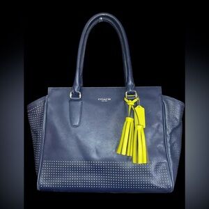 COACH Legacy Perforated Navy Blue & Bright Citrine Tote Shoulder Bag